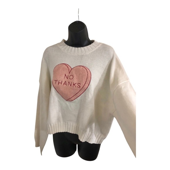 Jessica Simpson cream pink tufted embroidered heart No Thanks sweater size M - Picture 12 of 12